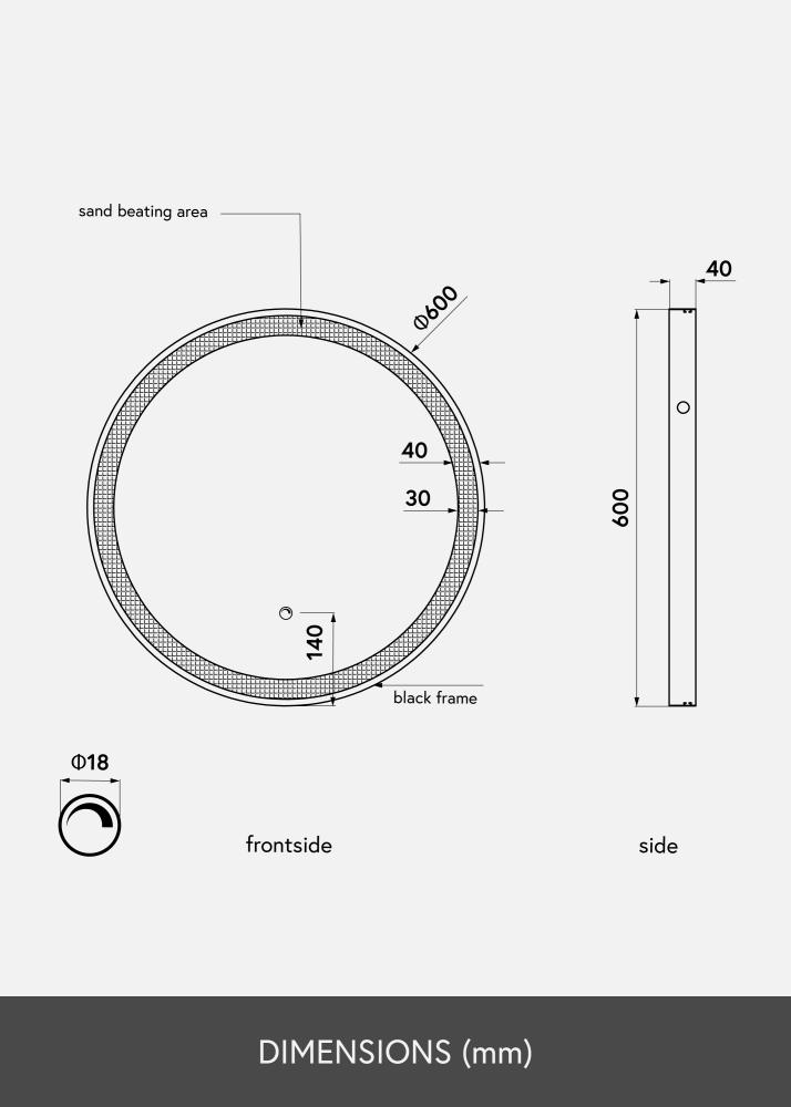 KAILA Lustro Czarny LED 60 cm Ø