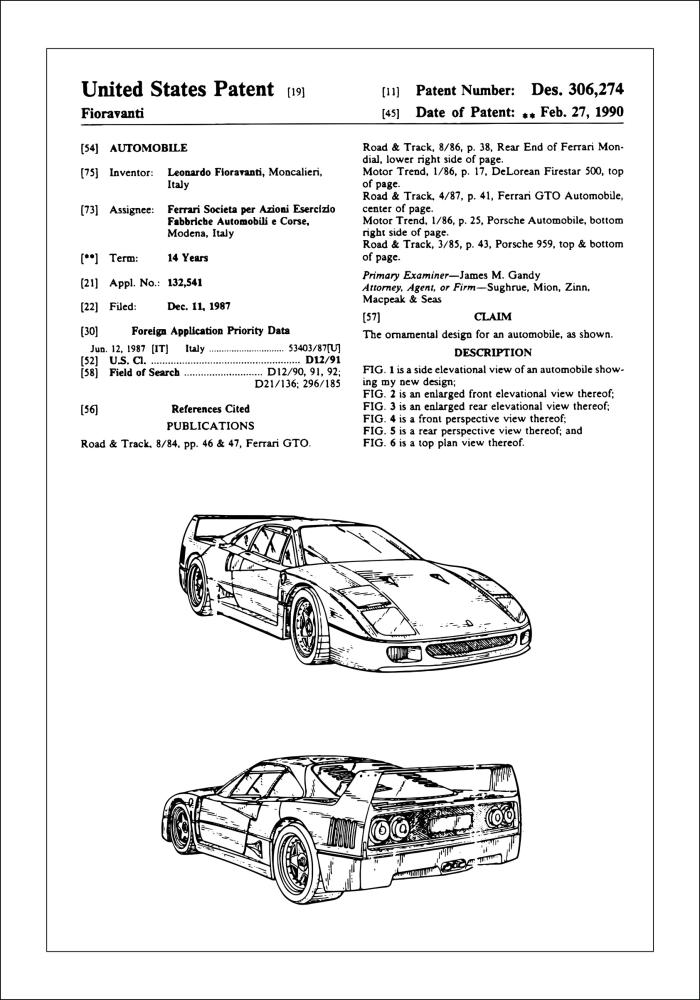 Rysunek patentowy - Ferrari F40 w Plakat